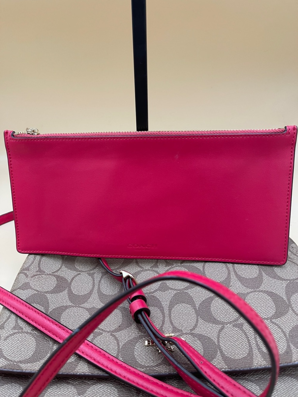 Coach Brown Signature Crossbody with Pink Trim and Removable Pouch Gold Zip - Picture 9 of 10